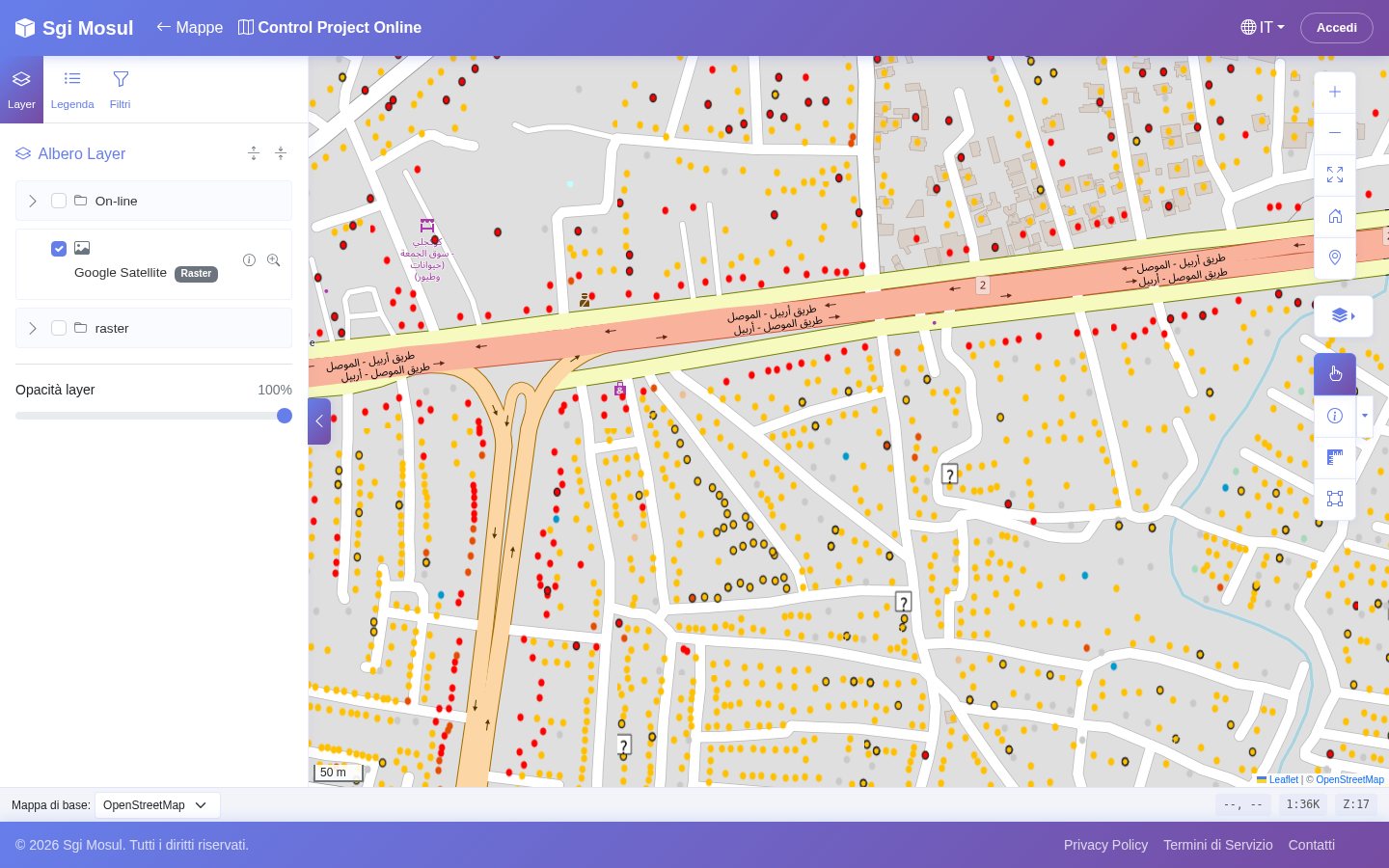 Viewer 2D su OpenStreetMap a scala di quartiere, con gli edifici rappresentati da punti gialli e rossi.
