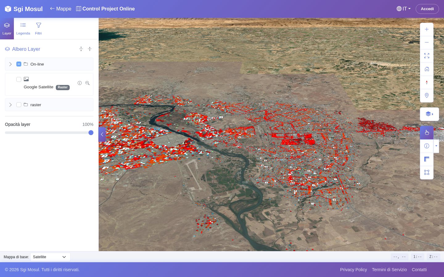 Il viewer 3D di GisDoc: una città vista in prospettiva su immagine satellitare, con i punti rilevati colorati per tema e il pannello dei layer a sinistra.